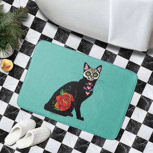 Sugar Skull Black Cat Bath Mat