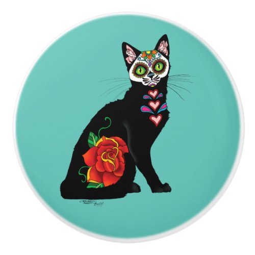Sugar Skull Black Cat Ceramic Knob