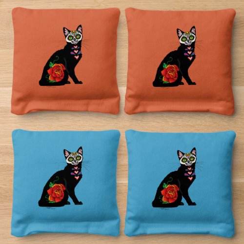 Sugar Skull Black Cat Cornhole Bags