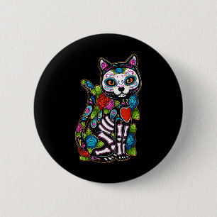 Sugar Skull Black Cat De Los Muertos Catrina Day O Button