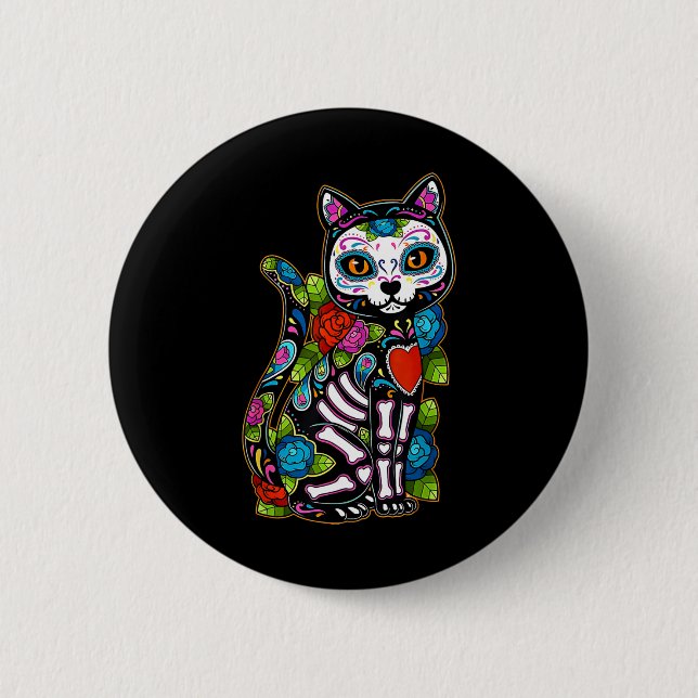 Sugar Skull Black Cat De Los Muertos Catrina Day O Button (Front)