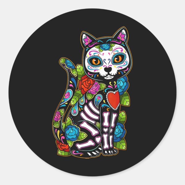 Sugar Skull Black Cat De Los Muertos Catrina Day O Classic Round Sticker (Front)