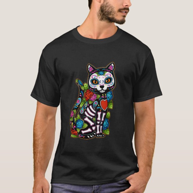Sugar Skull Black Cat De Los Muertos Catrina Day O T-Shirt (Front)