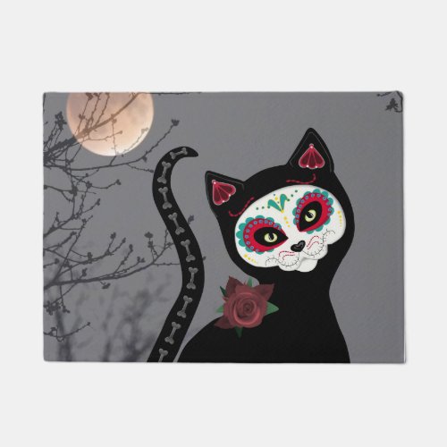 Sugar Skull Black Cat Doormat