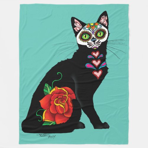 Sugar Skull Black Cat Fleece Blanket