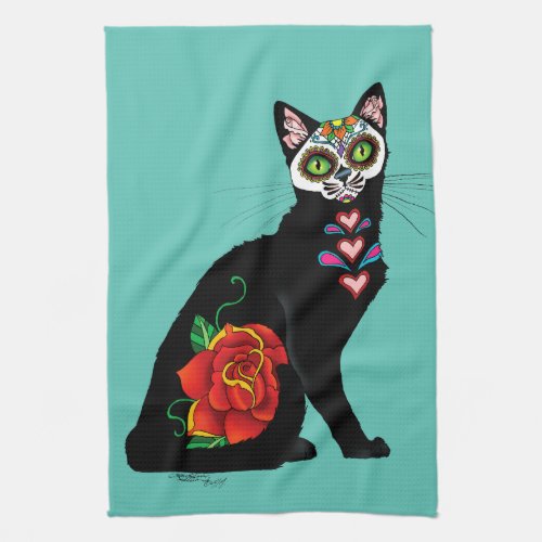 Sugar Skull Black Cat Kitchen Towel