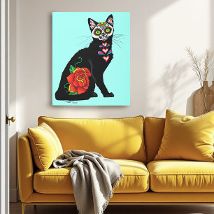 Sugar Skull Black Cat Metal Print