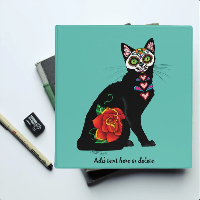 Sugar Skull Black Cat Rose Teal Heart 3 Ring Binder (Creator Uploaded)