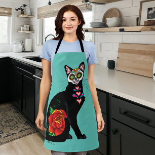 Sugar Skull Black Cat Rose Teal Heart Apron