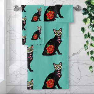 Sugar Skull Black Cat Rose Teal Heart Bath Towel Set