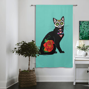 Sugar Skull Black Cat  Rose Teal Heart Blackout Curtains
