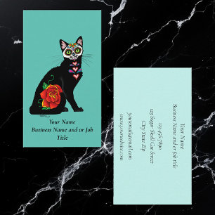 Sugar Skull Black Cat Rose Teal Heart Business Card