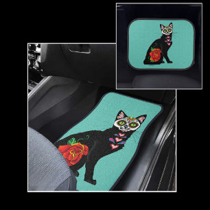 Sugar Skull Black Cat Rose Teal Heart Car Floor Mat