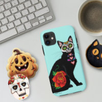 Sugar Skull Black Cat Rose Teal Heart