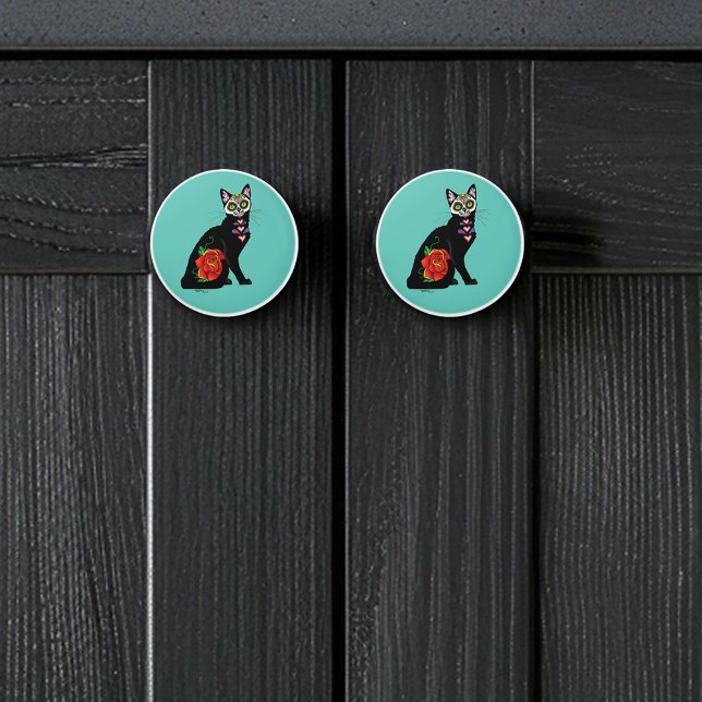 Sugar Skull Black Cat Rose Teal Heart Ceramic Knob (Creator Uploaded)