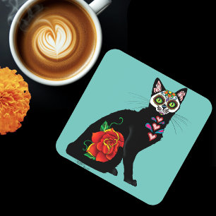Sugar Skull Black Cat Rose Teal Heart Coaster