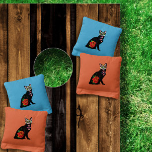 Sugar Skull Black Cat Rose Teal Heart Cornhole Bags