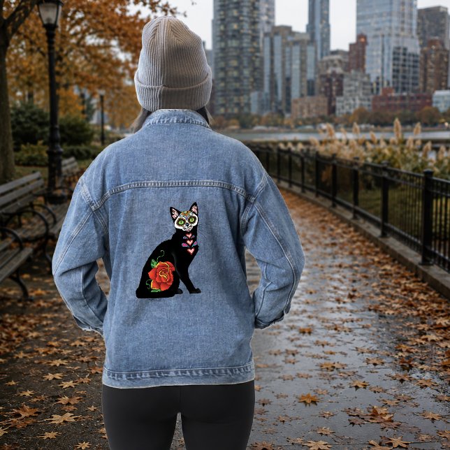 Sugar Skull Black Cat Rose Teal Heart Denim Jacket (Creator Uploaded)