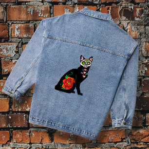Sugar Skull Black Cat Rose Teal Heart Denim Jacket