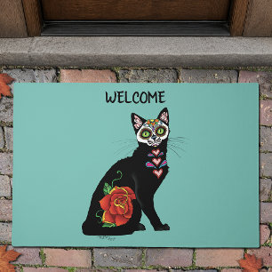 Sugar Skull Black Cat Rose Teal Heart Doormat