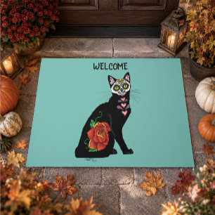 Sugar Skull Black Cat Rose Teal Heart Doormat