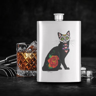 Sugar Skull Black Cat Rose teal Heart Flask