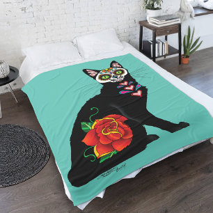 Sugar Skull Black Cat Rose Teal Heart Fleece Blanket