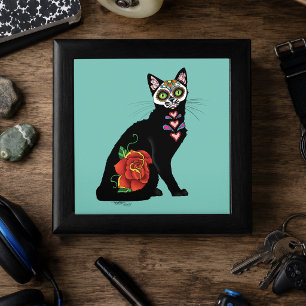 Sugar Skull Black Cat Rose Teal Heart Gift Box