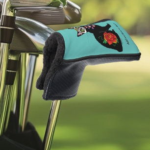 Sugar Skull Black Cat Rose Teal Heart Golf Head Cover