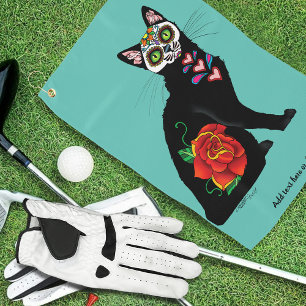 Sugar Skull Black Cat Rose Teal Heart Golf Towel