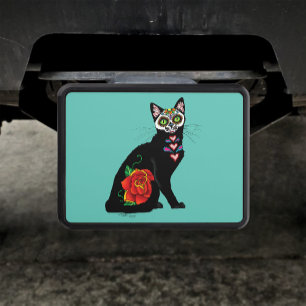 Sugar Skull Black Cat Rose Teal Heart Hitch Cover