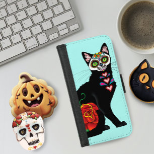 Sugar Skull Black Cat Rose Teal Heart iPhone 8/7 Wallet Case