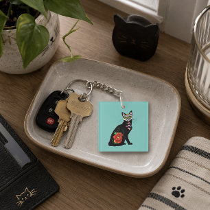 Sugar Skull Black Cat Rose Teal Heart Keychain