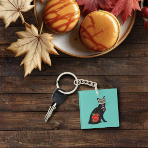 Sugar Skull Black Cat Rose Teal Heart Keychain