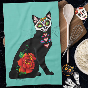 Sugar Skull Black Cat Rose Teal Heart Kitchen Towel
