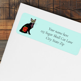 Sugar Skull Black Cat Rose Teal Heart Label