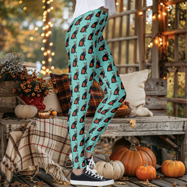 Sugar Skull Black Cat Rose Teal Heart Leggings (Creator Uploaded)