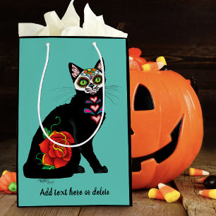 Sugar Skull Black Cat Rose Teal Heart Medium Gift Bag
