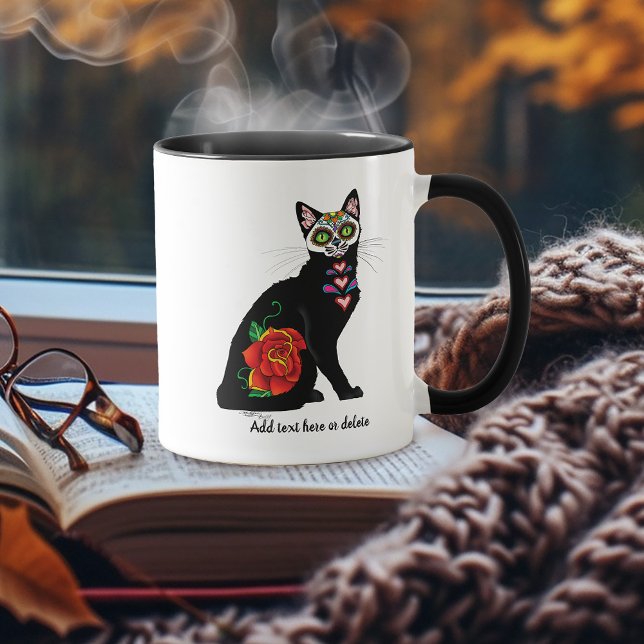 Sugar Skull Black Cat Rose Teal Heart Mug (Creator Uploaded)