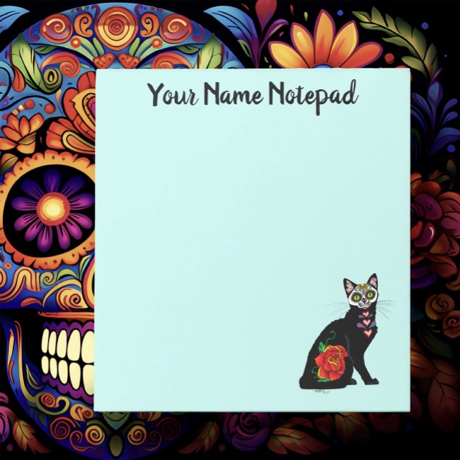 Sugar Skull Black Cat Rose Teal Heart Notepad (Creator Uploaded)