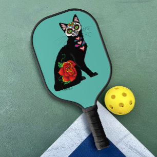Sugar Skull Black Cat Rose Teal Heart Pickleball Paddle