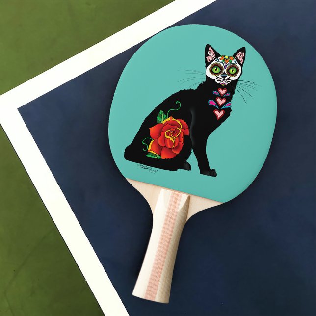Sugar Skull Black Cat Rose Teal Heart Ping Pong Paddle (Creator Uploaded)
