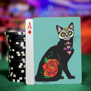 Sugar Skull Black Cat Rose Teal Heart Poker Cards