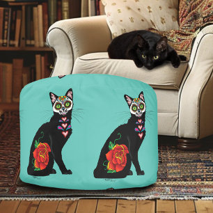 Sugar Skull Black Cat Rose Teal Heart Pouf