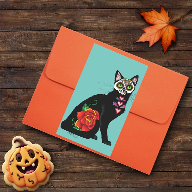 Sugar Skull Black Cat Rose Teal Heart Rectangular Sticker (Creator Uploaded)