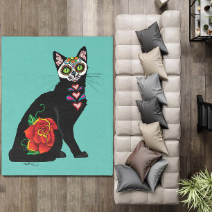 Sugar Skull Black Cat Rose Teal Heart Rug