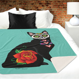 Sugar Skull Black Cat Rose Teal Heart Sherpa Blanket