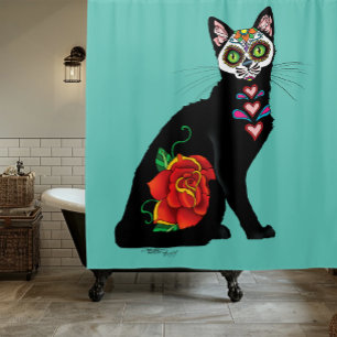 Sugar Skull Black Cat Rose Teal Heart Shower Curtain