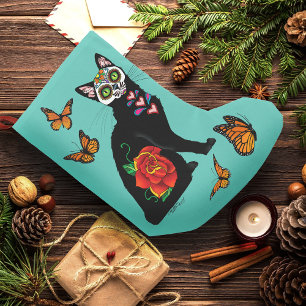 Sugar Skull Black Cat Rose Teal Heart Small Christmas Stocking