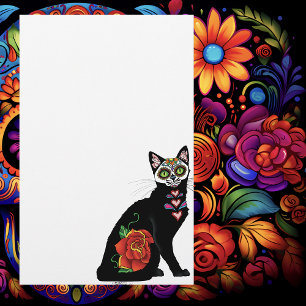 Sugar Skull Black Cat.Rose Teal Heart Stationery